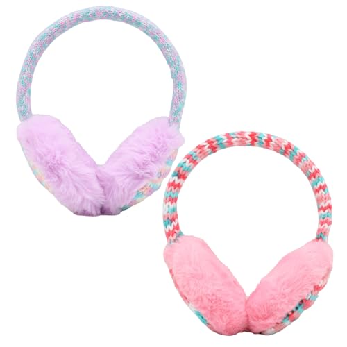 VEGCOO 2 Pcs Kids Earmuffs Adjustable Kids Earmuff Knitted Earmuff Winter Warm Plush Ear Muffs Soft Velvet Ear Covers Warmers Earmuffs for Girls Boys Kid Toddler and Teen 3-8 Years