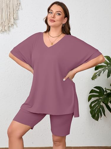 Image of AusLook Women's Plus Size 2 Piece Short Outfits Set Short Sleeve Tops and Shorts Pants Lounge Jogging outfits Matching Set
