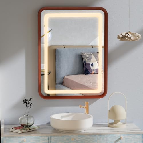OUSIMY 24"x 32" Wood Frame LED Bathroom Mirror with Light,