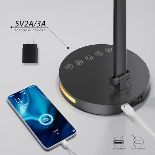 Semlos Led Desk Lamp with Adjustable Brightness and 5 Color Temperature, Dimmable Desk Light, Type-C Interface, Timer, 12W Table Lamp for Home and Office, Black, Adapter Included - Image 6