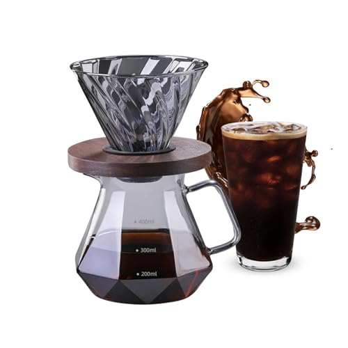 Inscrip Pour Over Cafetière à piston en verre borosilicate 400 ml/600 ml avec filtre en verre, anse en noyer, topper, machines à café infusées à la main pour la maison, le café, le restaurant et le