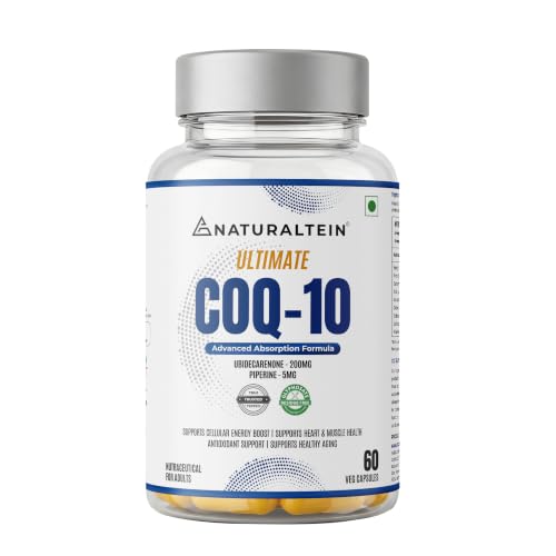 Image of NATURALTEIN Ultimate CoQ-10 200mg with Piperine 5mg | Enhanced Absorption | Supports Energy, Heart & Muscle Health, Antioxidant Support | 60 Veg Capsules