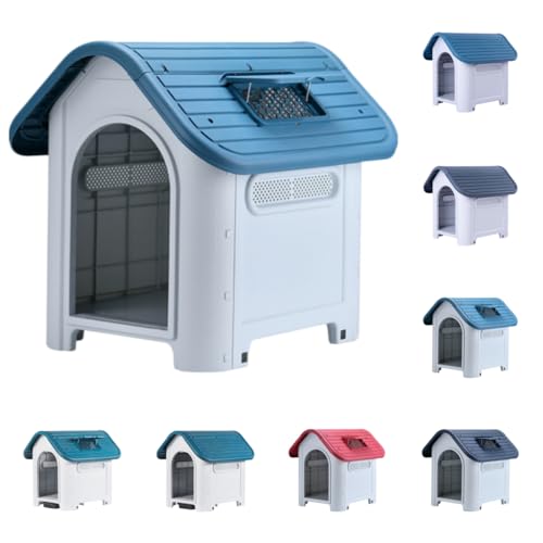 LightRise犬小屋 ペットハウス 屋内 屋外用 プラスチック製 ドア付き 防水 通気性小型犬対応組立簡単軽量サビない 全天候型屋外犬小屋四季ユニバーサル小型ハウス防水プラスチック犬小屋ケージ屋外防水犬小屋 (中 - 青 + 天窓,無門款)