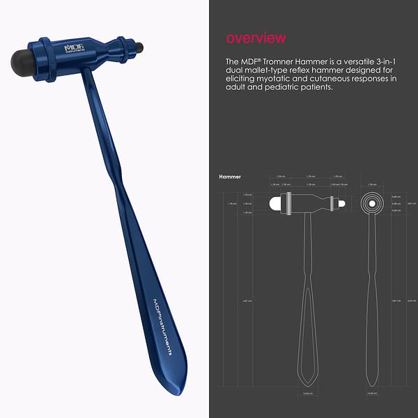 MDF Instruments, Tromner Neurological Reflex Hammer with Pointed Tip Handle for Cutaneous and Superficial Responses - Free-Parts-for-Life (MDF555CD11) (Capridium Blue)