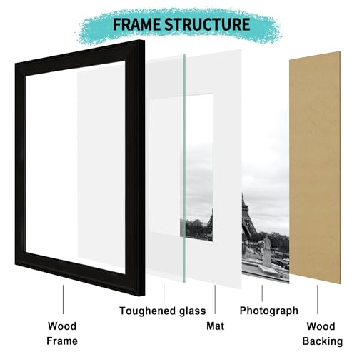 Image of iRahmen 11x14 Vintage Picture Frame with Mat 8x10 - High Definition Tempered Glass Wooden Photo Frames for Wall Mounting (Black, Set of 4)