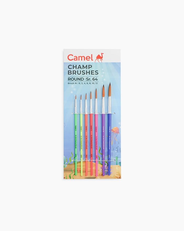 Image of Camel Camlin Champ Round Paint Brushes Series 64 | Set of 7 Brushes | Fine Tip for Detailing, Watercolour, Poster & Acrylic Painting | for Artists & Students