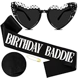 Hapdoo Birthday Baddie Sash and Sunglasses for Women, Black “BIRTHDAY BADDIE” Sash with Silver Foil for Girl, Happy Funny Birthday Decorations Baddie Accessories for Women Men Party Favors Supplies