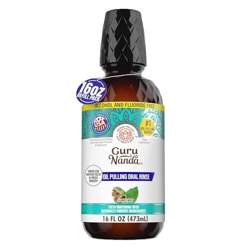 GuruNanda CocoMint Oil Pulling Mouthwash for Complete Oral Hygiene, 7 Essential Oils & Vitamins for Happy Teeth & Gums & Fresh Breath, Alcohol-Free, 16 oz