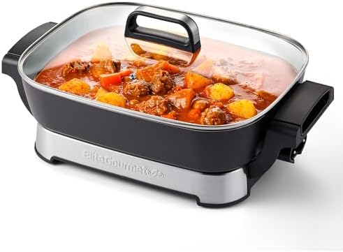 Elite Gourmet EG4403 15" x 12" x 3” Stow-Away Foldable Electric Skillet, Ceralast™ Ceramic Non-stick, 1500W Rapid Heat, Dishwasher Safe Pan & Lid, Black/Gray