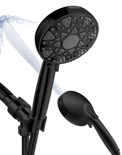 Shower Head With Handheld High Pressure 7 modes, Built-in Power Wash to Clear Tub, Tile, 5" High Powerful Hand Held Rain Showerhead with Stainless Steel Hose and Adjustable Bracket (Matte Black)