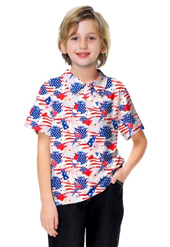 Image of AOBUTE Kids 4th of July Polo American Flag Short Sleeve Button Down Shirts Tops 3-14 Years
