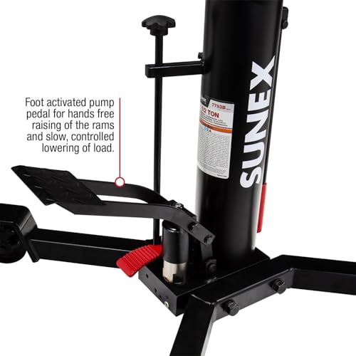 Image of Sunex Tools 7793B 1,000 lb Telescopic Transmission Jack, Hydraulic, Foot Pump Operated, Tilt Saddle with Chain Tie-Down, 74.2 in Max Height