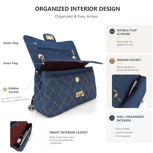 Image of M-ioi-M Quilted Denim Crossbody Bags for Women, Chain Strap Shoulder Bags, Medium Double Flap Purse, Gold Hardware Jean Purse