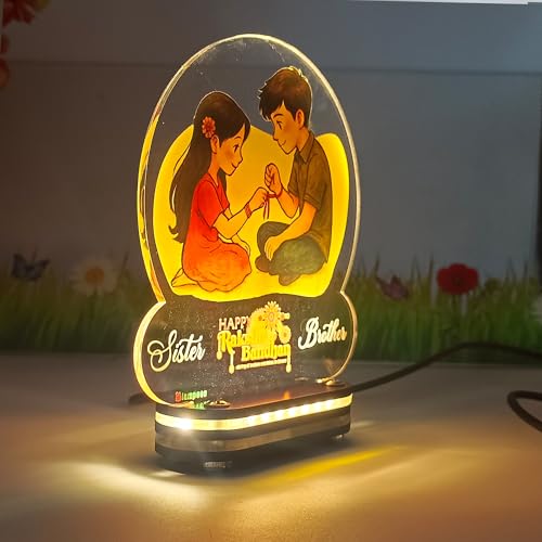 Image of lampees Personalised Raksha Bandhan LED Acrylic Lamp for Brother & Sister | Custom Name Rakhi Night Light with Brother Sister Picture | Customized Rakshabandhan Gift for Bhai Behan bro Sis