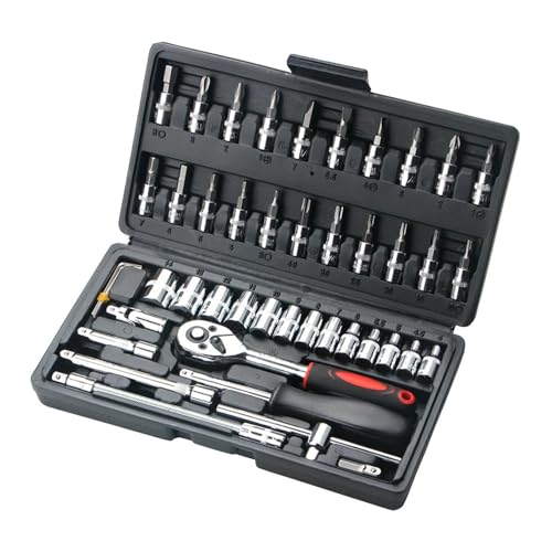 PFXNGMS Ratchet Wrench Set 46Pcs Combination Tool Kit 1/4 Ratchet Wrench Socket Screwdriver with Plastic Toolbox Spanner Household Car Repair Hand Tool Set Widely Application