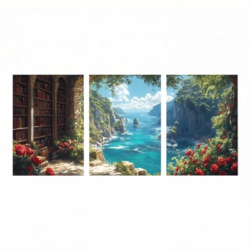 3 Piezas Mar Diamond Painting Adultos 5D Diamond Painting Estante para libros, Pintura Diamante Manualidades Adultos 40 x 25 cm*3, Bordado Punto Cruz Cuadros Decoracion Salon Modernos HXZH-1253