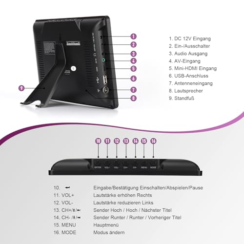 Tragbarer Mini Fernseher - August DA900D - 9 Zoll mit Akku - Portabler hochauflösender LCD TV mit DVB-T2 HD Tuner / EPG / Aufnahmefunktion (PVR) / Multimediaplayer / HDMI-In / USB / Kopfhöreranschluss – Bild 7