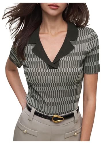 SweatyRocks Women's Striped Short Sleeve Sweater Lapel V Neck Business Casual Work Knit Tops
