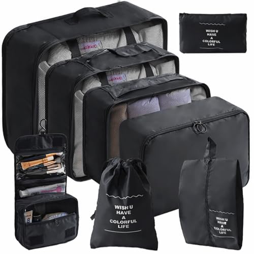 PHOGARY Lot de 8 Rangement Valise Organisateur Packing Cubes de Voyage Pochette, Compartiment Valise, Trousse Étanche de Toilette à Suspendre, Sacs à...