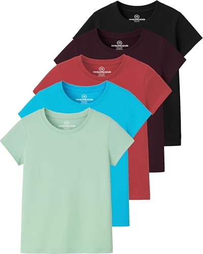 Image of Real Essentials 5 Pack: Girls' Cotton Short Sleeve Crew Neck T-Shirt - Athletic Tee Shirt for Teens Kids Youth (Ages 4-16)