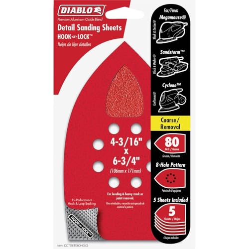 Image of Diablo Detail Sanding Sheets - 4-3 /16 inch x 6-3 /4 inch, 80-Grit Coarse, 5-Pack | Hook & Lock, 8 Holes - Ideal for MegaMouse, Fast Removal & Long Life - Wood Metal Plastic Use - DCTDET080H05G
