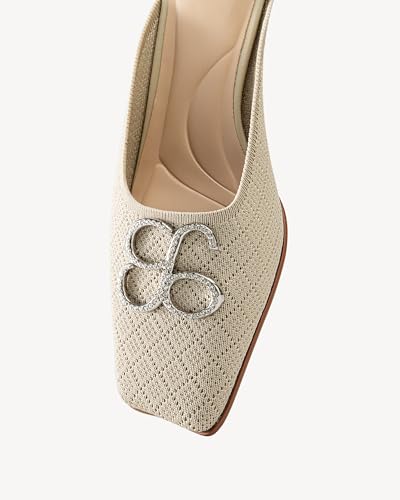 Image of NEWBELLA Women's Square Toe Heeled Mules - Low Heel Slip-On Lightweight Commuter Shoes, Comfortable Fabric Loafers for Office & Casual Wear, Apricot 5