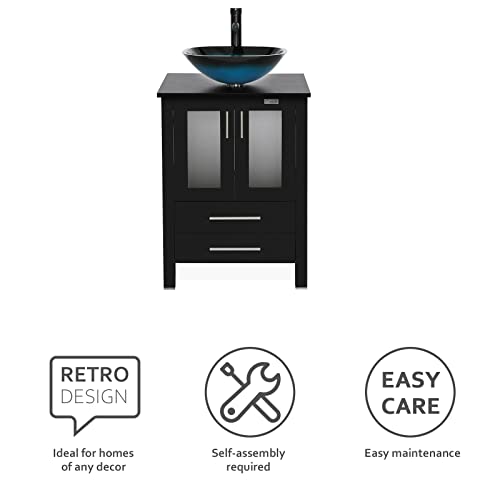 Eclife 24'' Modern Bathroom Vanity And Sink Combo Stand Cabinet And Square Blue Glass Vessel Sink And 1.5 Gpm Bathroom Brass Faucet And Brass Pop Up Drain & Mounting Ring (A04B02) #TOP3