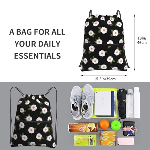 Cute Drawstring Backpack Compatible with Little Daisy Flower Print for Women Men Yoga Swimming Hiking Cycling, Fashion Adjustable Gym Backpack with Zipper Pockets4