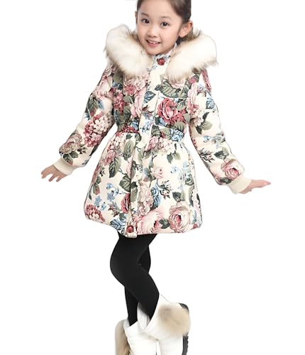 Girls Winter Coat Warm Cotton Children Floral Print Coats Hooded WaterProof Jackets