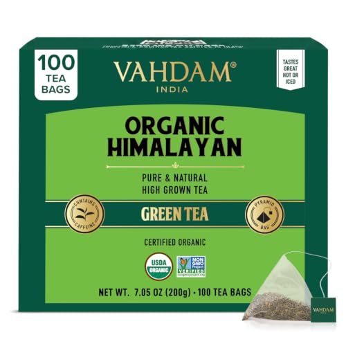 VAHDAM, Organic Himalayan Green Tea (100 Count) High Grown, Non GMO, Gluten Free, Low Caffeine | Earthy &amp; Smooth | Resealable &amp; Plant-Based Pyramid Tea Bags