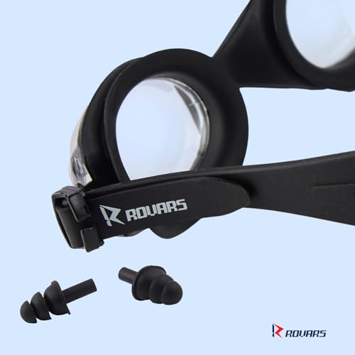 Image of ROVARS Swimming Goggles for Kids with Nose & Ear Plugs, Leakproff Full Frame with Adjustable Strap, Anti Fog and UV Protection for Boys & Girls - Black