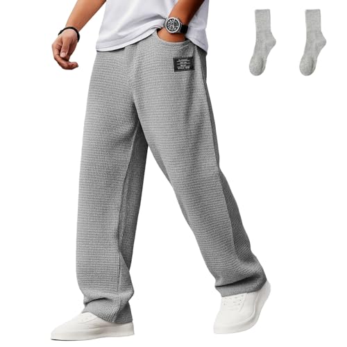 Mokaloha Mens Pants, Men's Stylish Everyday Waffle Fabric Pants with Loose-Fitting Drawstring Waist and Embroidered Logo