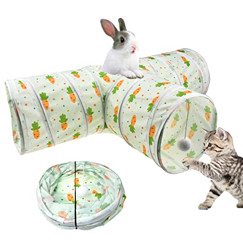 Vehomy Bunny Rabbit Tunnels Rabbit Cat 3 Way Collapsible Tunnel with Cute Carrot Patterns Small Pet Hideout Activity Tunnel Tube Toy for Bunny Kitten Cat Dwarf Guinea Pig T Shape