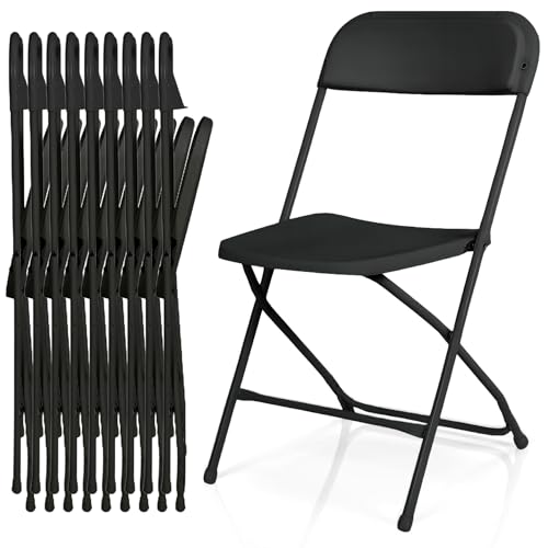 EconoHome 10 Pack Black Plastic Folding Chairs Heavy-Duty Steel Frame Portable Stackable Foldable Chairs with Non-Slip Feet Commercial Indoor/Outdoor Seating for Events Weddings Office Parties