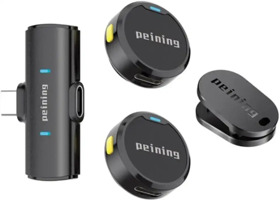Microfone de Lapela Sem Fio Bluetooth Kit 2 Microfonones Abafamento de Ruído Até 10 Horas Tempo de Trabalho Compatível com Camera, iPhone, Android, PC - Conexão Android e USB-C - Linha Peining Premium