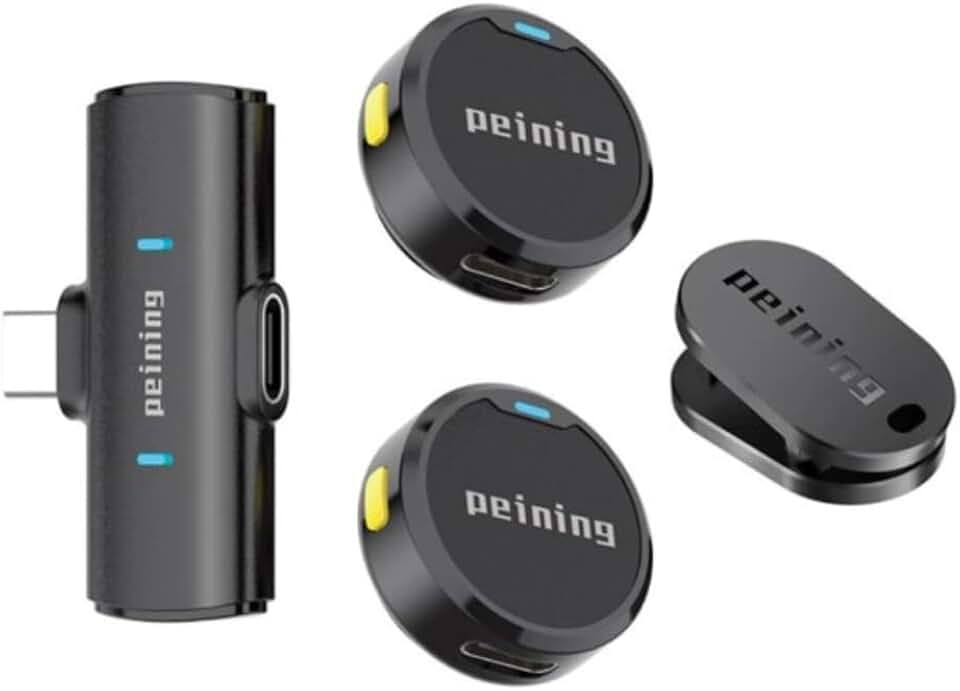 Microfone de Lapela Sem Fio Bluetooth Kit 2 Microfonones Abafamento de Ruído Até 10 Horas Tempo de Trabalho Compatível com Camera, iPhone, Android, PC - Conexão Android e USB-C - Linha Peining Premium