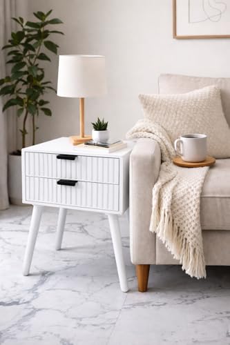 Image of Brown Art SHOPPEE Wooden Bedside Table for Bedroom | Line Design Bed Side Nightstand Lamp Table with 2 Drawers for Home | Side Table for Living Room | Premium Engineered Wood & Wood Legs (White)