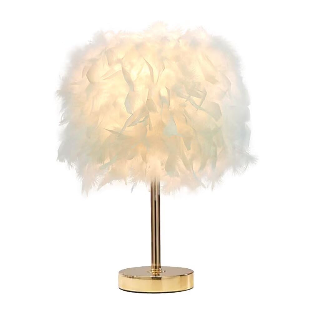 GUANSHAN White Feather Table Lamp Bedside Lamp with Gold Base Romantic Feather Lampshade Night Light for Bedroom, Home Decoration, Photography Props