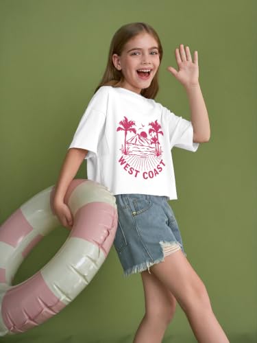 Image of Girls Athletic Oversized Crop Tops Kids Drop Shoulder Short Sleeve T Shirts Workout Tees 5-14 Years