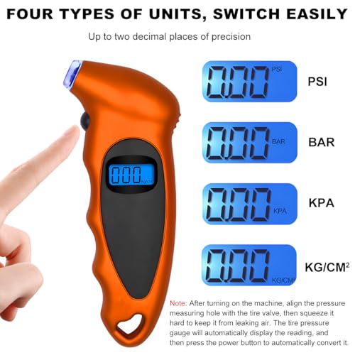 Image of KVAEY Digital Tire Pressure Gauge, 150 PSI 4 Settings Accurate Tire Gauge with Non-Slip Grip, Backlight LCD Tire Pressure Gauge Reader Checker Tool for Car Truck Bicycle Motorcycle (Orange)