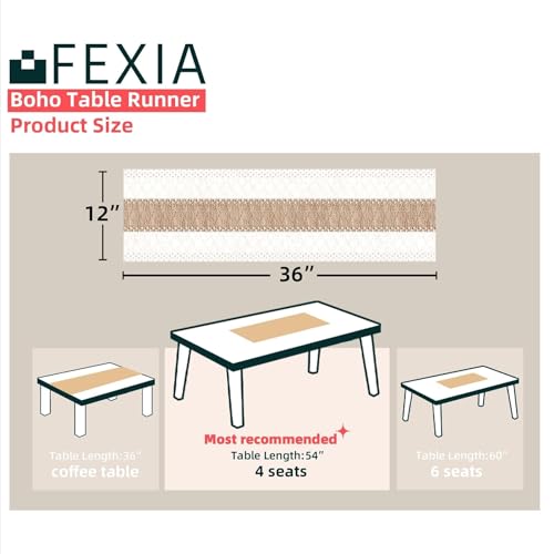 Image of FEXIA Boho Table Runner for Home Coffee Decor 36 Inches Long Farmhouse Rustic Table Runner Macrame Burlap Centerpieces for Tables Decoration for Kitchen Bedroom Decor Bridal Shower (12x36 Inches)