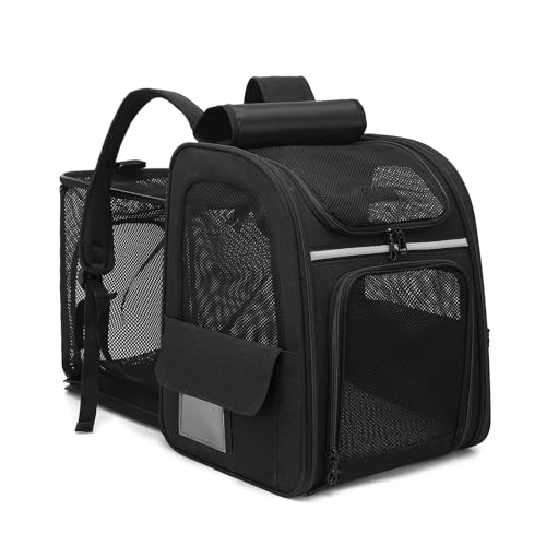 Dogat Erweiterbar Katzenrucksack mit Netzfenster, Tragbare und Faltbare Haustier Rucksack mit Innerer Sicherheitsleine und Haustierunterlage für Katzen Hunde bis 17 lbs (8 kg) Wandern, Walken(Schwarz)