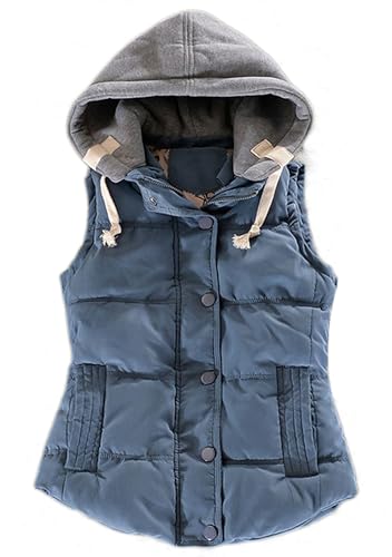 YMING - YMING Femmes Hiver Chaud Gilet Zippé Couleur Unie Blouson avec Bouton Veste Matelassée sans Manches avec Poches Manteau avec Capuche Amovible 2XS -2XL, Bleu, XL