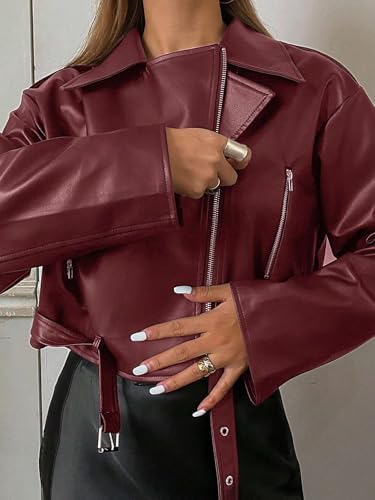 Chic Burgundy Faux Leather Motorcycle Jacket – Loose Fit, Perfect for Every Occasion! - Image 2