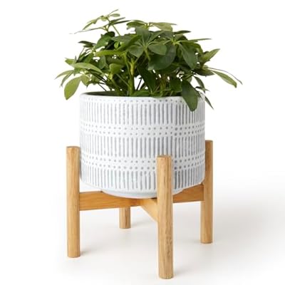 LA JOLIE MUSE Ceramic Plant Pot with Wood Stand - 7.3 Inch Modern Round Decorative Flower Pot Indoor with Wood Planter Holder