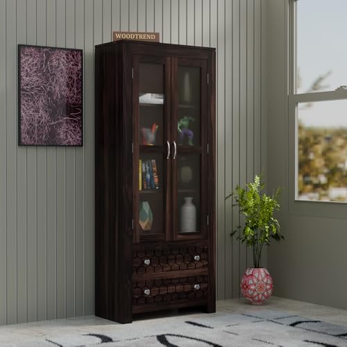 Image of Sheesham Wood Bookshelf with Glass Door for Home Library Solid Wood Bookcase Wooden Crockery Cabinet for Kitchen Book Shelf (Walnut Finish)