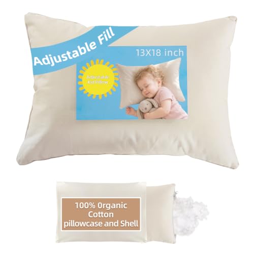 Image of Adjustable Kids Pillow for Ages 2-4 with Organic Cotton Pillowcase | 13x18 Youth Pillow, CPSC and OEKO-TEX Certified, Hypoallergenic, Machine Washable, Bedroom, Preschool Nap, Travel