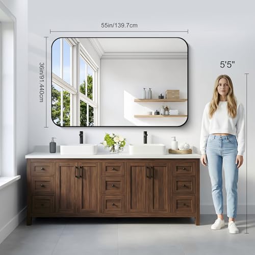 Image of DESBING 36 inch x 55 inchBathroom Mirror, Matte Black Wall Mirror with Metal Frame, Decorative Rectangular Vanity Mirror for Bedroom Bathroom Living Room Entryway (Horizontal /Vertical)