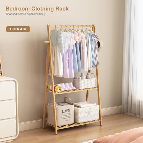 COOGOU Kids Clothes Rack for Hanging Clothes Small Bamboo Wood Clothes Rack with Shelves for Drying Laundry Short Mini Floor Standing