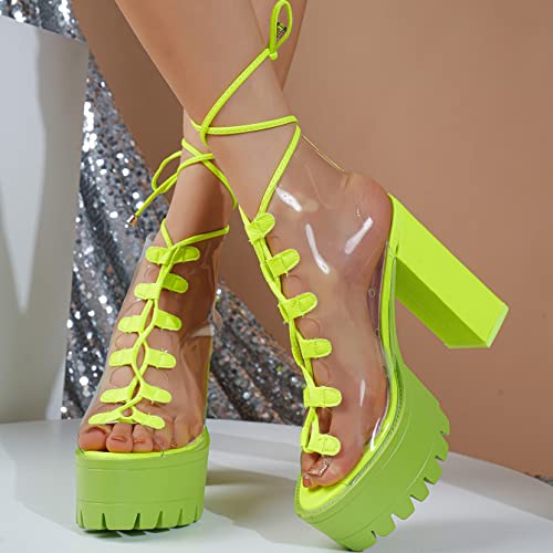 Women Booties Transparent Peep Toe Clear Lace Up Chunky Lug Sole Platform High Heels Summer Party Sandals Boots Shoes4